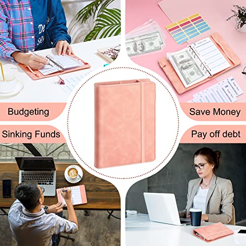 LINTRU Budget Binder with Zipper Envelopes, Money Organizer for Cash, A6 Binder with 10pcs Cash Envelopes for Budgeting, 12pcs Budget Sheets and 36pcs Stickers for Savings Binder (Pink)