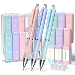 four candies pastel mechanical pencil set – 3pcs 0.7mm mechanical pencils with 360pcs hb lead refills, 3pcs erasers and 9pcs eraser refills, cute colored mechanical pencils for drawing & writing