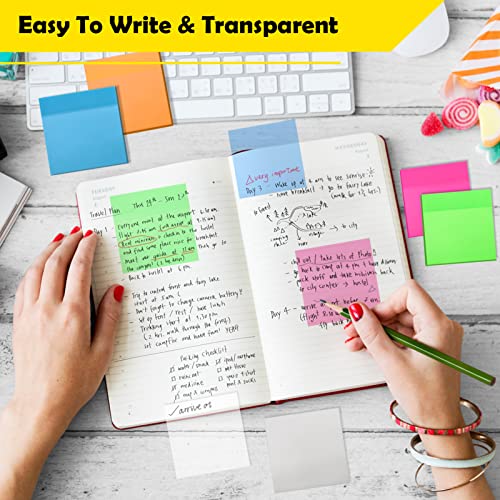 800 Sheets Transparent Sticky Notes, 3x3 Inch 14 Pads Self-Adhesive Translucent Clear See Through Sticky Post Note Bible Bookmark for Office School College Students Supplies Tabs 6 Color