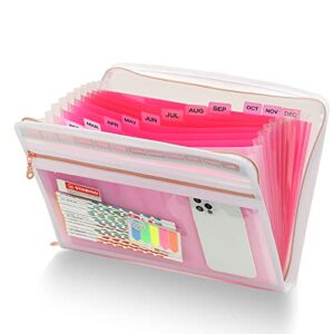 13 pocket expanding file folder organizer, accordion file organizer folder, acordian file keeper 12 pocket, expandable filing folders for documents, papers letter size, pink