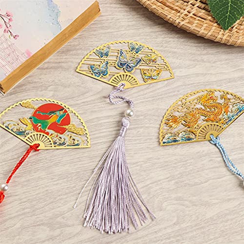 TJLSS Bookmark Chinese Style Folding Fan Brass Retro Book Clip Pagination Flower Tassel School Office Supplies (Size : A)