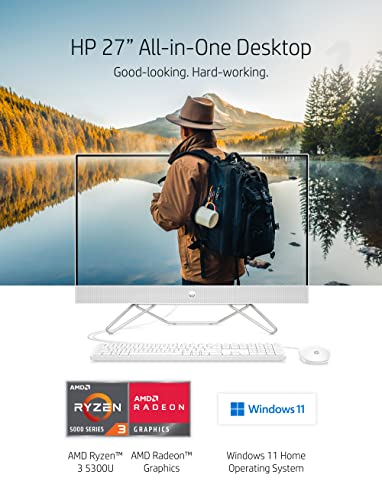 P 27” All-in-One Desktop, AMD Ryzen 3 5300U, 8 GB RAM, 256 GB SSD, Full HD IPS Micro-Edge Display, Windows 11 Home, 4 USB Ports, Pop-up Privacy Camera, Dual Mics, Keyboard and Mouse (27-cb0030, 2021)