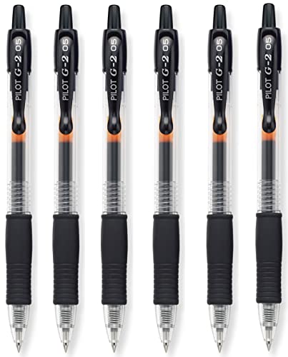 Pilot G2 Black Retractable Rollerball Pen Pens Extra Fine Gel Ink Refillable 0.5mm Nib Tip 0.3mm Line G2-5 (Pack Of 6)