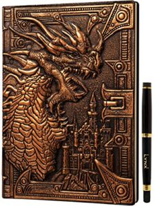dnd notebook / journal, unique 200 page book with 3d bronze dragon embossed faux leather cover with pen- ideal for dungeons & dragons / d&d. great rpg accessories nerdy fantasy gift for dm’s & players, men or women.