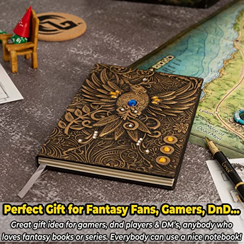 DND Notebook / Journal, Unique 200 Page Book with 3D Bronze Dragon Embossed Faux Leather Cover with Pen- Ideal for Dungeons & Dragons / D&D. Great RPG Accessories Nerdy Fantasy Gift for DM's & Players, Men or Women.