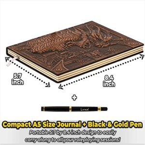 DND Notebook / Journal, Unique 200 Page Book with 3D Bronze Dragon Embossed Faux Leather Cover with Pen- Ideal for Dungeons & Dragons / D&D. Great RPG Accessories Nerdy Fantasy Gift for DM's & Players, Men or Women.