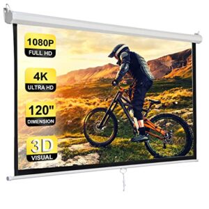 smartxchoices 120″ hd manual projector screen 1.1 format with auto lock anti-crease home theater office wall mounted ceiling pull down projection 1.1 gain matte white,view size: 84 x 84 inches