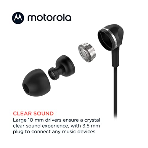 Motorola Wired Earbuds with Microphone - Earbuds 105 Corded in-Ear Headphones, Control Button for Calls/Music, Comfortable Lightweight Easy-Grip Ear Buds, Clear Bass Sound, Noise Isolation - Black