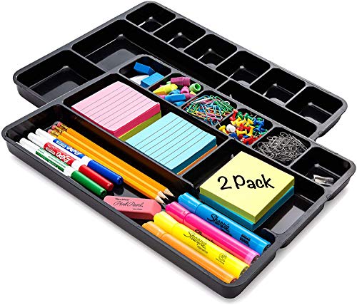 Desk Drawer Organizer Tray with 9 Storage Compartments - For Home and Office - Perfect Organizing Pens, Pencils, Paper Clips, Sticky Notes and all your Supplies - 2 Pack