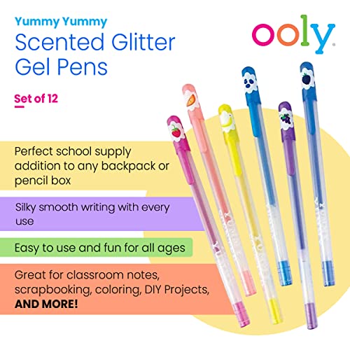 OOLY, Yummy Yummy Scented Glitter Gel Pens, Set of 12, For Note Taking, Scrapbooking, Journaling. Colorful Art Supplies Cute School Supplies for Kids or Teens, Multicolor Drawing Pens
