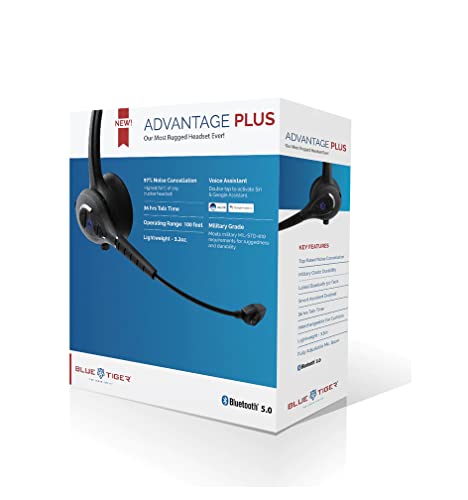 Blue Tiger Advantage Plus Wireless Bluetooth Headset - Professional Trucker and Office Headset with Microphone - Durable, Noise Cancelling, Clear Sound, Long Battery Life, No Wires - 36 Hour Talk Time