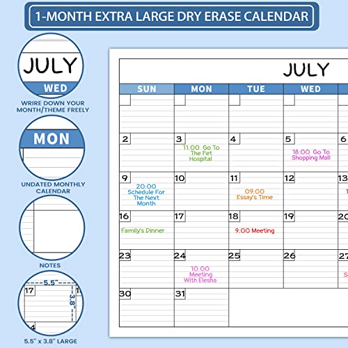 Large Dry Erase Calendar - Dry Erase Calendar for Wall, Undated Monthly Wall Calendar Laminated, 27.8"x 40", Blank Reusable Calendar Planner with Ample Daily Boxes, Notes for Home, Office, Classroom