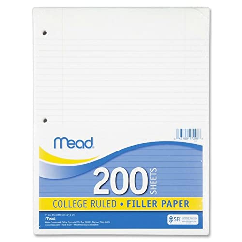 Mead Loose Leaf Paper, 3 Hole Punch Filler Paper, College Ruled Paper, 11" x 8-1/2", 200 Sheets (17208)