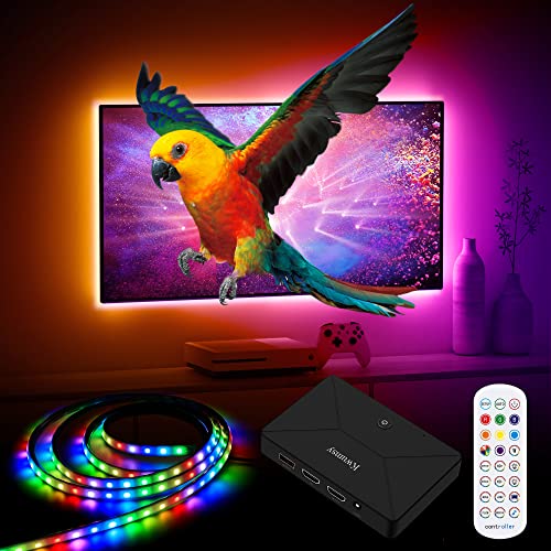 Fagomfer Immersion TV Backlight with HDMI 2.0 Sync Box, Kwumsy TV LED Lights That Sync with TV Real-time Ambient Lighting Strips for 40-55 Inch TV, 15 Lighting Modes/4 HDMI Inputs/Handy Remote Contro