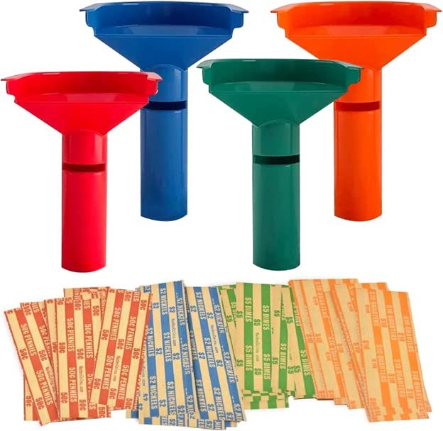 Nadex Easy Wrap Coin Tube Set with 40 Wrappers Included - Funnel Shaped Coin for Pennies, Nickles, Dimes, and Quarters - Four Color-Coded Tubes