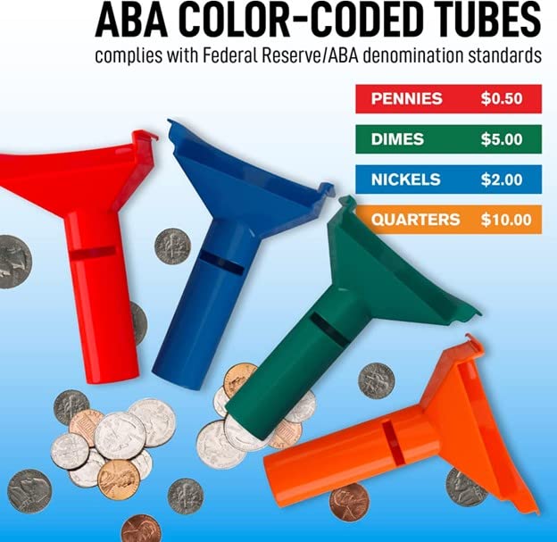 Nadex Easy Wrap Coin Tube Set with 40 Wrappers Included - Funnel Shaped Coin for Pennies, Nickles, Dimes, and Quarters - Four Color-Coded Tubes