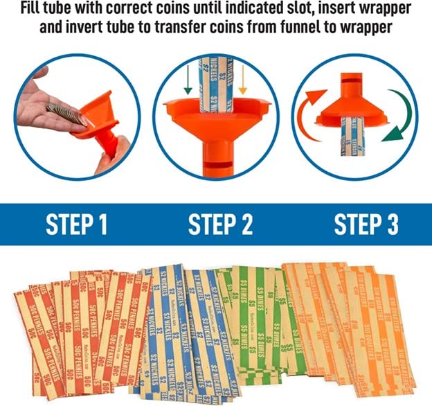 Nadex Easy Wrap Coin Tube Set with 40 Wrappers Included - Funnel Shaped Coin for Pennies, Nickles, Dimes, and Quarters - Four Color-Coded Tubes