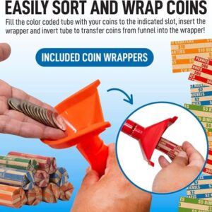 Nadex Easy Wrap Coin Tube Set with 40 Wrappers Included - Funnel Shaped Coin for Pennies, Nickles, Dimes, and Quarters - Four Color-Coded Tubes