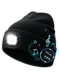 unisex bluetooth beanie hat with light, upgraded musical knitted cap with headphone and built-in stereo speakers & mic, led hat for running hiking, for men women dad (black)
