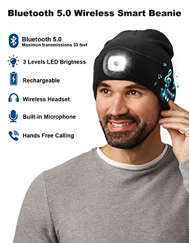 Unisex Bluetooth Beanie Hat with Light, Upgraded Musical Knitted Cap with Headphone and Built-in Stereo Speakers & Mic, LED Hat for Running Hiking, for Men Women Dad (Black)