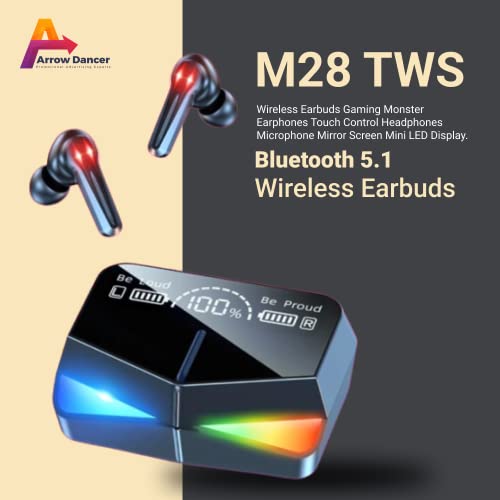 M28 Wireless Earbuds TWS Bluetooth 5.1 Gaming Monster Earphones Touch Control Headphones Microphone Mirror Screen Mini LED Display - Excellent Sound Ensure Fast & Stable Connection Waterproof | AD