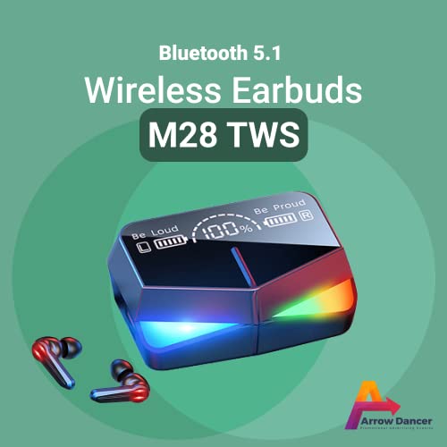 M28 Wireless Earbuds TWS Bluetooth 5.1 Gaming Monster Earphones Touch Control Headphones Microphone Mirror Screen Mini LED Display - Excellent Sound Ensure Fast & Stable Connection Waterproof | AD