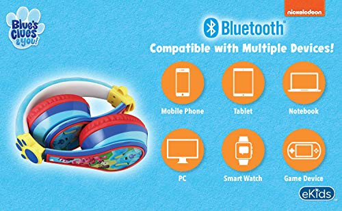 eKids Blues Clues Kids Bluetooth Headphones, Wireless Headphones with Microphone Includes Aux Cord, Volume Reduced Kids Foldable Headphones for School, Home, or Travel