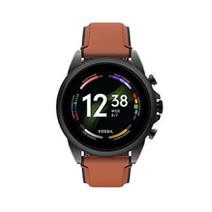 fossil unisex gen 6 44mm stainless steel and leather touchscreen smart watch, fitness tracker, color: black, brown (model: ftw4062v)