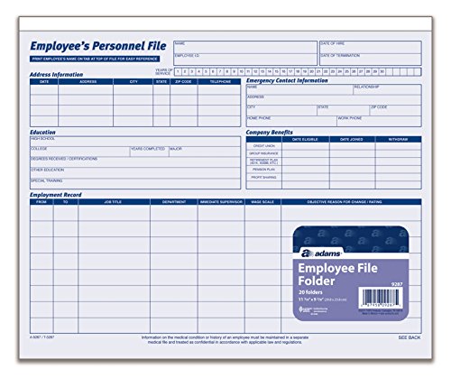 Adams Employees Personnel File Folder, Heavy Card Stock, 11-3/4 x 9-1/2 Inches, Pack of 20 Folders (9287ABF) ,Blue/White