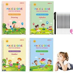 4 pc large reusable handwriting practice book for kids,magic practice copybook with auto disappear ink pen,3d grooved handwriting book practice，calligraphy copybook for preschoolers(10.3×7.3 inches)