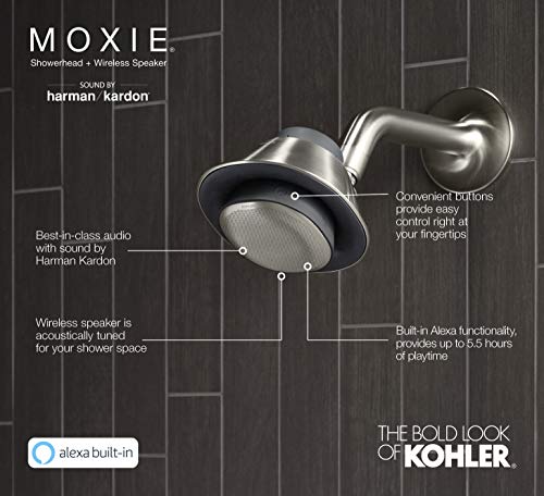 KOHLER Moxie Alexa Enabled Showerhead, Bluetooth Shower Speaker, Shower Radio, Rechargeable Speaker, Portable Speaker, 2.5 GPM, K-28238-NKA-BN, Vibrant Brushed Nickel