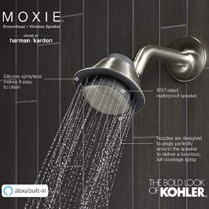 KOHLER Moxie Alexa Enabled Showerhead, Bluetooth Shower Speaker, Shower Radio, Rechargeable Speaker, Portable Speaker, 2.5 GPM, K-28238-NKA-BN, Vibrant Brushed Nickel