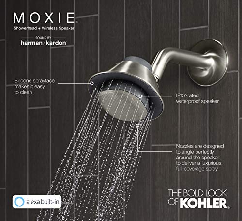 KOHLER Moxie Alexa Enabled Showerhead, Bluetooth Shower Speaker, Shower Radio, Rechargeable Speaker, Portable Speaker, 2.5 GPM, K-28238-NKA-BN, Vibrant Brushed Nickel