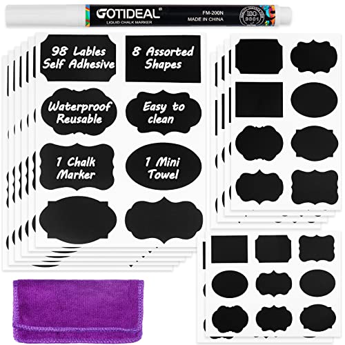 Gotideal 98 Chalkboard Labels with Chalk Markers, Mason Jar Labels, Chalk Sticker Labels for Kitchen Containers, Storage Bins, Pantry, Organization, Glass Bottle, Removable Food Labels