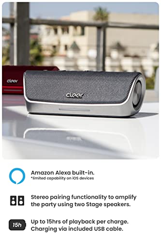 Cleer Audio Stage Smart Bluetooth Speaker - IPX7 Waterproof, Built-in Alexa, Stereo Pairing Capabilities, with Digital Amplifier, Dual 48mm Drivers, and Passive Radiators for Powerful Music and Sound