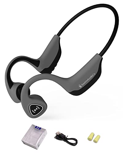 swimaudios Bone Conduction Bluetooth Headphones, Open Ear Bone Headphones, Wireless Conduction Headphones with Mic for Running, Bicycling, Hiking, Yoga - Grey