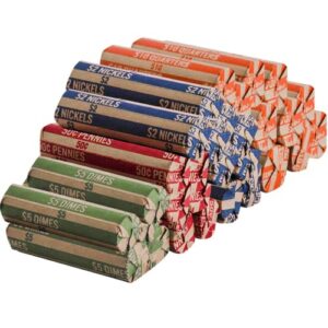 j mark 400 neatly-packed flat coin roll wrappers assorted, made in usa, (quarters, dimes, nickels, pennies), aba striped kraft paper coin rolls wrappers, includes j mark deposit slip