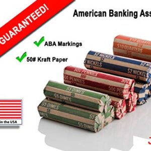 J Mark 400 Neatly-Packed Flat Coin Roll Wrappers Assorted, Made in USA, (Quarters, Dimes, Nickels, Pennies), ABA Striped Kraft Paper Coin Rolls Wrappers, Includes J Mark Deposit Slip