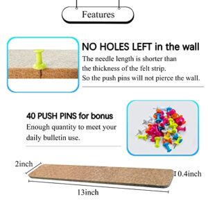 Felt Pin Board Bar Strips Bulletin Board Tiles for Wall Damage-Free with 40 Push Pins Memo Notice Boards as Classroom Office Decor, 4 Pack