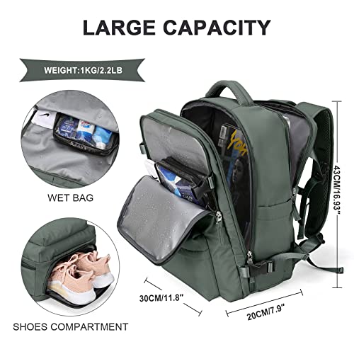 Large Travel Backpack Women, Carry On Backpack,Hiking Backpack Waterproof Outdoor Sports Rucksack Casual Daypack School Bag Fit 14 Inch Laptop with USB Charging Port Shoes Compartment, Green