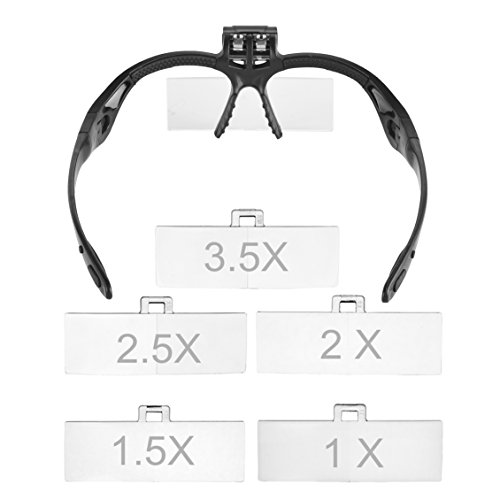 Beileshi Headhand Magnifier Glasses With 2 LED Professional Jeweler's Loupe Light Bracket and Headband are Interchangeable 5Lens Glass Magnifying Visor