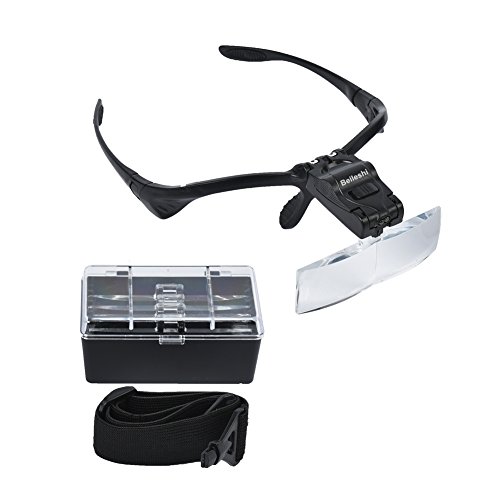 Beileshi Headhand Magnifier Glasses With 2 LED Professional Jeweler's Loupe Light Bracket and Headband are Interchangeable 5Lens Glass Magnifying Visor