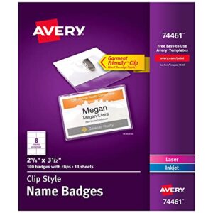 avery clip name badges, print or write, 2.25″ x 3.5″, 100 inserts & badge holders with clips (74461)