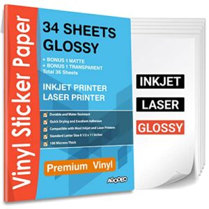 premium printable vinyl sticker paper for inkjet & laser printer – 34 sheets self-adhesive sheets glossy white waterproof, dries quickly vivid colors, holds ink well- tear resistant (glossy)