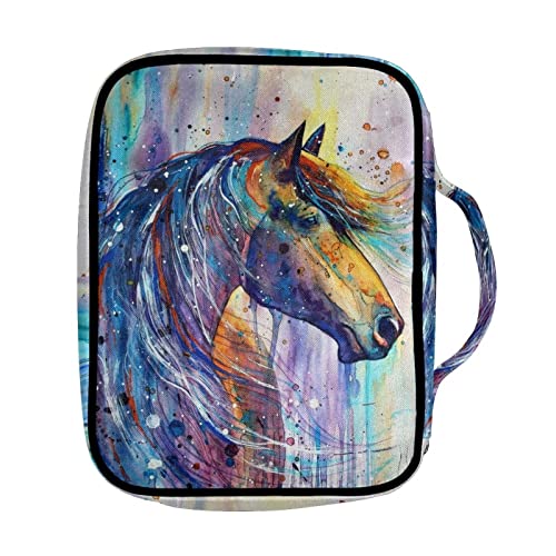 Suobstales Watercolor Horse Print Bible Cover for Women Men Bible Case Bible Bags Study Book Cover with Handle and Pocket Carrying Bible Holder Church Tote Bags