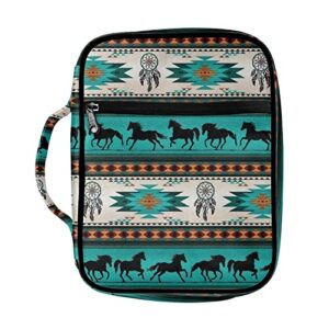 suobstales aztec horse bible cover for women men, southwest tirbal portable carrying book case church bag bible protective with handle and zippered pocket