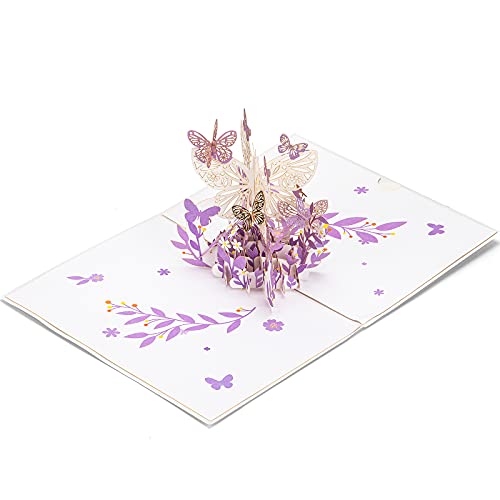 Bajayvovo Purple Butterfly Birthday Pop Up Card, Butterfly Flower 3D Greeting Card Butterfly Gift for Women Wife Girl Daughter, Mothers Day Thinking of You Anniversary, All Occasion