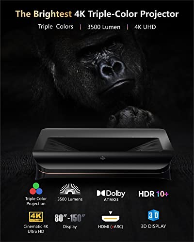 AWOL VISION LTV-3500 80”-150" 4K 3D Laser TV, 3500 ANSI Lumen Ultra Short Throw Triple Laser Projector Without Color Wheel, HDR10+ Dolby Atmos Home Theatre UST Projector(Fire TV Stick 4K Max included)