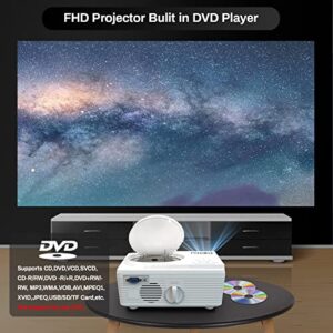 MINLOVE Mini Projector DVD Player Built-in,1080P and 250" Supported Bluetooh Projector, Portable Outdoor Home Movie LED Video Projectors 8000l for Phone Compatible with TV Stick/HDMI/USB/VGA/AV/TF