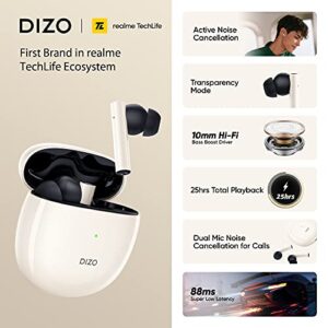 DIZO GoPods Bluetooth 5.2 Headphones TWS Active Noise Canceling Earbuds Hi-Fi Bass Boost Built-in Waterproof Wireless Headset Mic 25H Play Time Super Low Latency Gaming Mode White